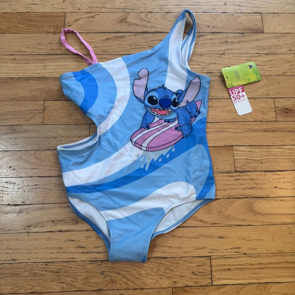 Disney Stitch Girls One Piece Swimsuit Blue Swirl Surfing UPF 50+ Size 10-12 NWT